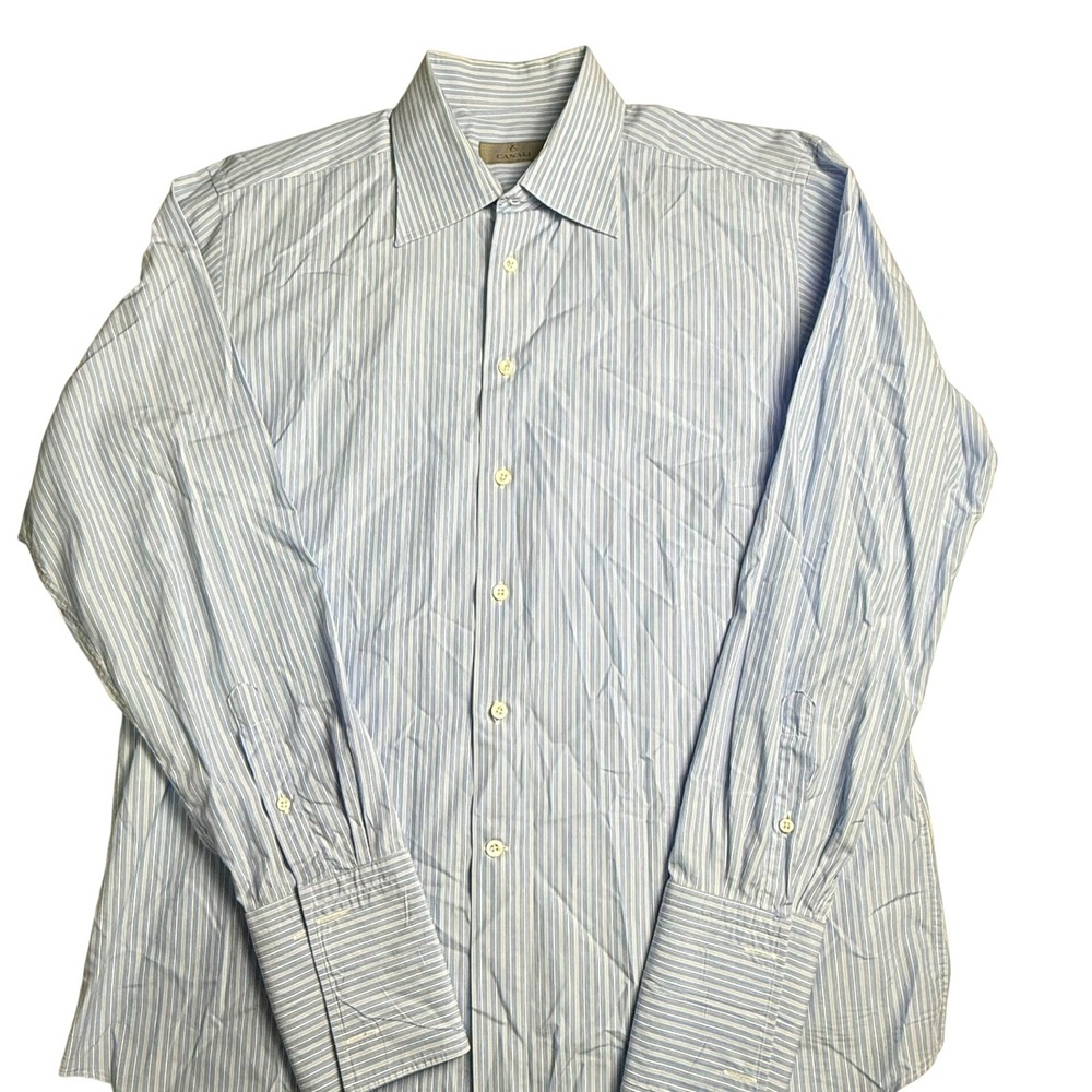 Canali 1934 Mens Striped Dress Shirt‎ Blue White French Cuff Made in Italy 43-17